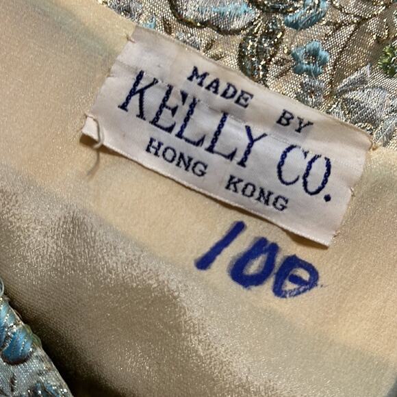 Vintage Brocade Coat Jacket Kelly Co. Hong Kong Blue Cream Gold Green - Picture 3 of 9